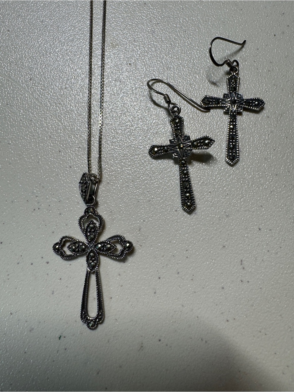 Sterling Silver Marcasite Cross Necklace and Earrings Set - Black